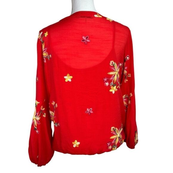 Figueroa and Flower Red Embroidered Blouse Size L Slit Neck With Tank - Picture 4 of 9